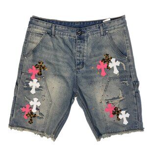 Chrome Hearts Jean Shorts Jorts Size 34 Cheetah Print Pink Crosses